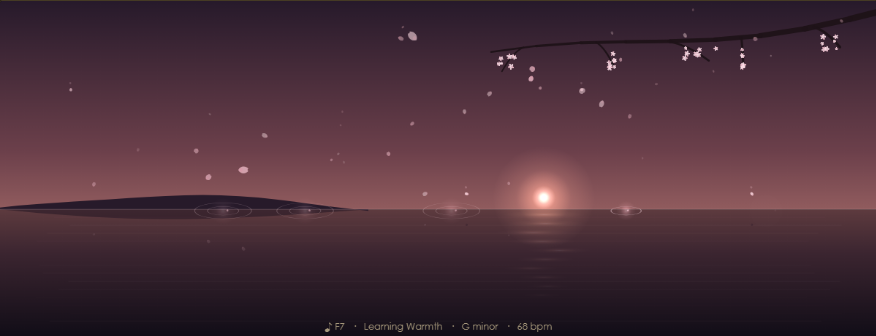 Melody visualizer showing cherry blossoms over evening water