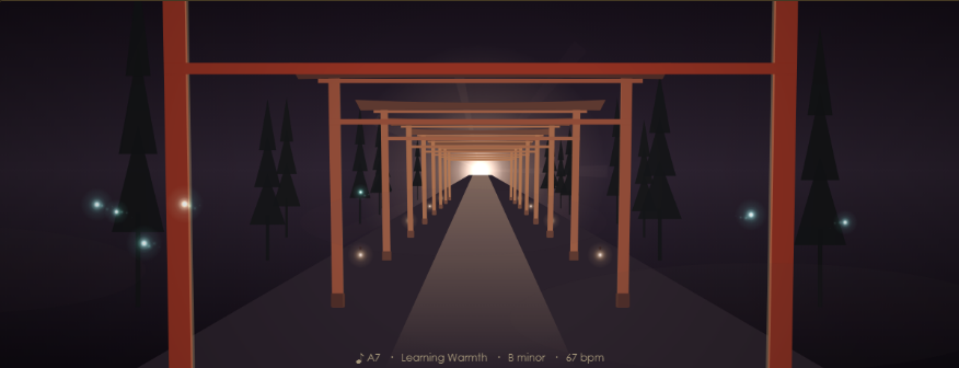 Melody visualizer showing a path through vermilion torii gates at dusk