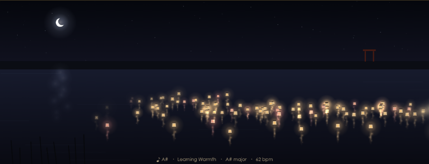 Melody visualizer showing paper lanterns floating on a river at night